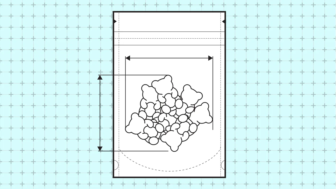 Custom pouch drawing dimensioned around the product it holds