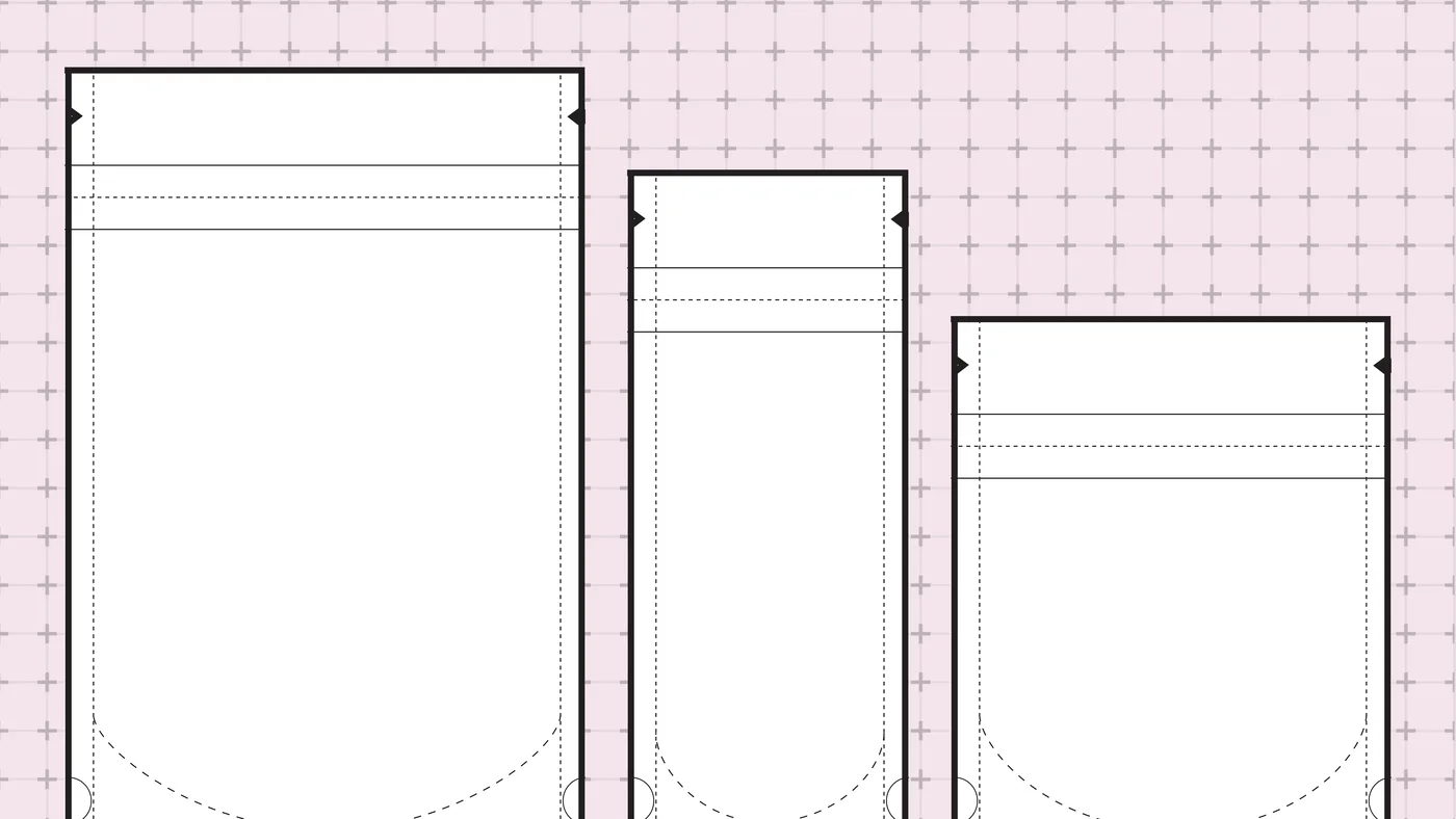 Stock dieline drawings of three standard stand-up pouch sizes